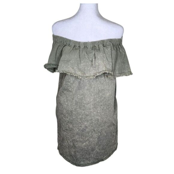 Umgee Off Shoulder Ruffle Denim Mini Dress Womens M Khaki Green - Picture 1 of 8